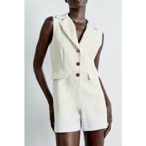 Zara White Sleeveless Collared Button Front Blazer Romper Jumpsuit Shorts Sz XS
